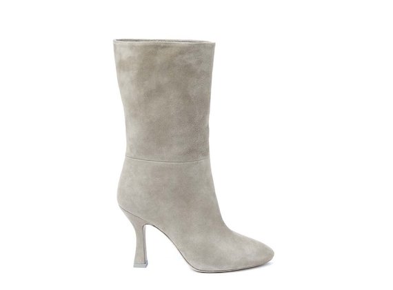 Beige fold-over half boot with spool heel - Grey
