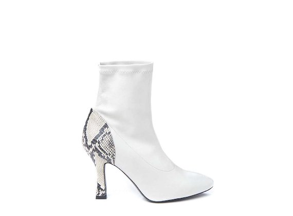 Stretch heeled ankle boot with rock snakeskin-effect heel
