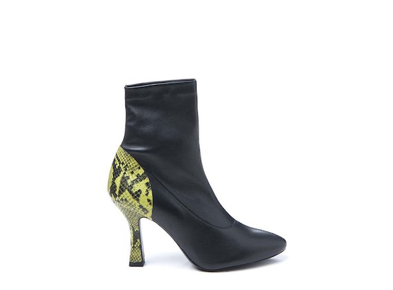 Stretch heeled ankle boot with yellow snakeskin-effect heel