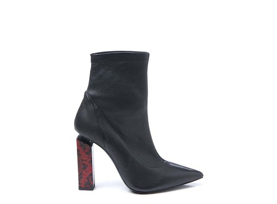 Black stretch ankle boot with red snakeskin-effect heel - Black / Red
