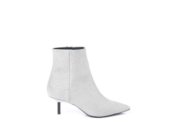 Silver glitter ankle boot with metallic heel