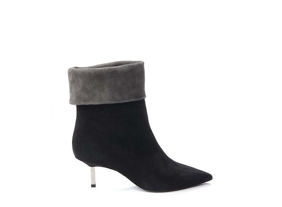 Black fold-over half boot with metallic heel