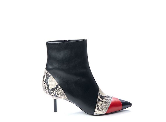 Patchwork ankle boot with metallic heel