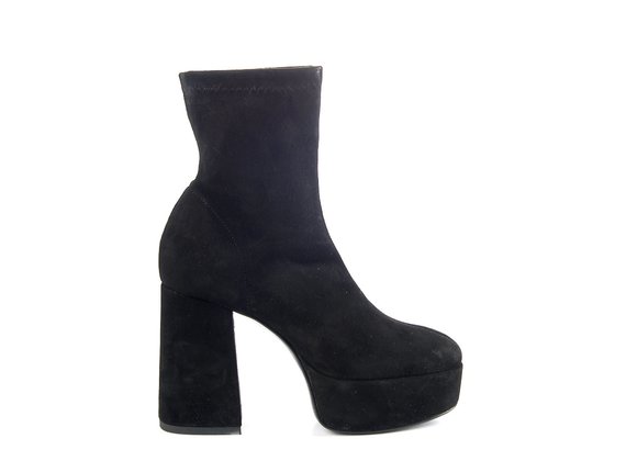 Black split leather ankle boots with platform and chunky heel
