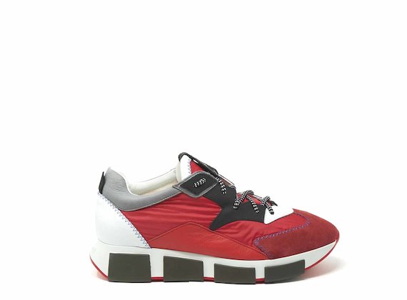 Red nylon and leather running shoes
