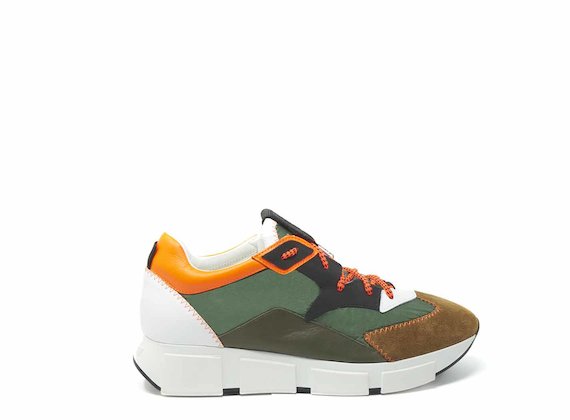 Colour block nylon and leather running shoes - Multicolor