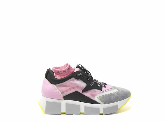 Chaussures de course avec empeigne transparente gris et rose
