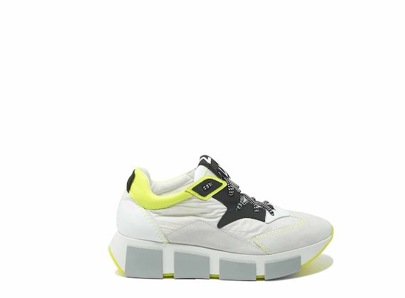 Fluorescent yellow/off-white running shoes in leather and nylon