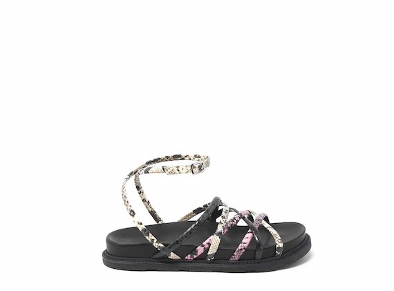 Snakeskin-effect sandals with criss-crossing strips - Multicolor