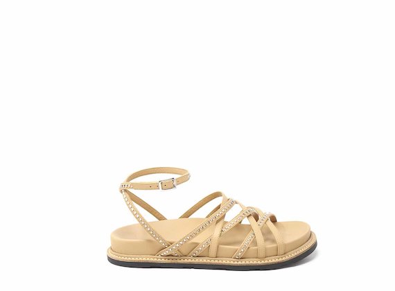 Tan criss-cross sandals with micro studs
