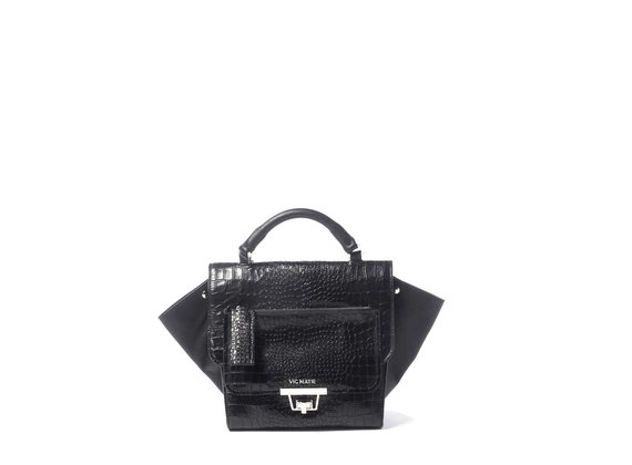 Ginevra<br> satchel in black crocodile-print calfskin
