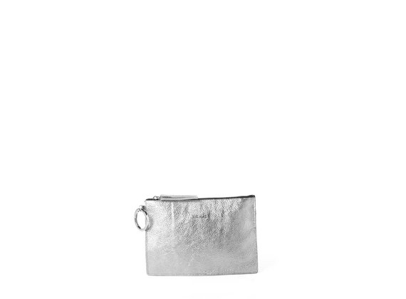 Abigail<br> laminated lead-grey leather clutch with logo.
