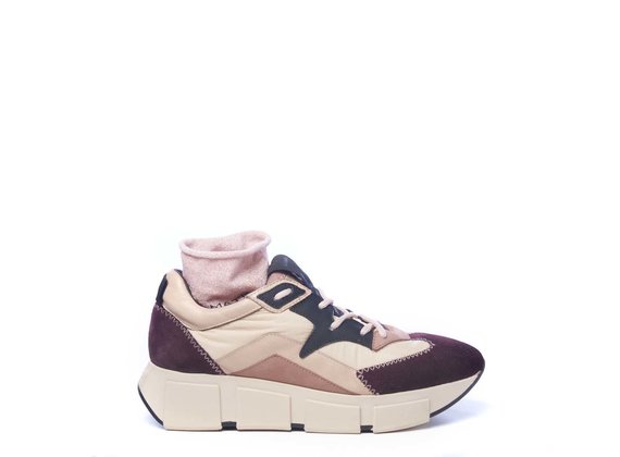 Burgundy/powder-pink split leather and fabric running trainers