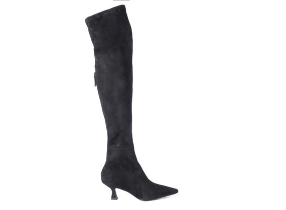 Schwarzer Overknee-Stiefel mit Diabolo-Absatz aus dehnbarem Veloursleder