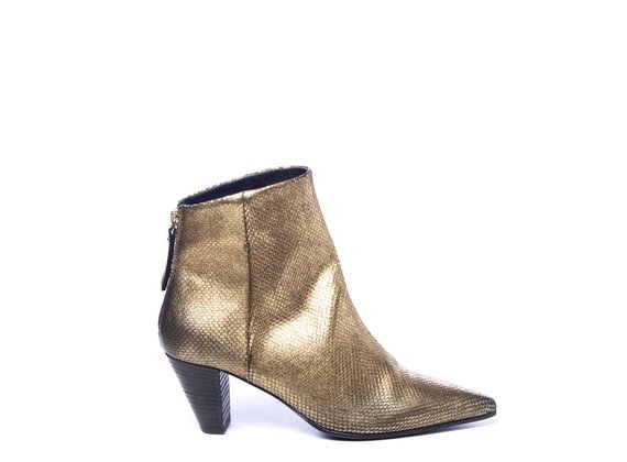 Zipped bronze ankle boots in laminated leather with cone heels