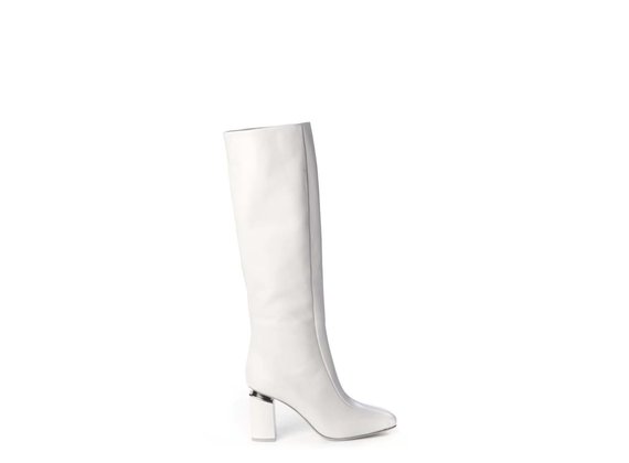 Ice-white high calfskin boots with suspended heels