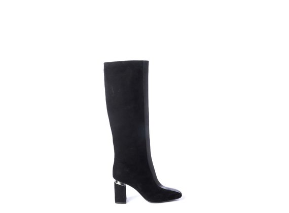 Black leather/suede high boots with suspended heels - Black