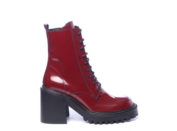 Lugged-sole combat boots in brushed ruby-red leather