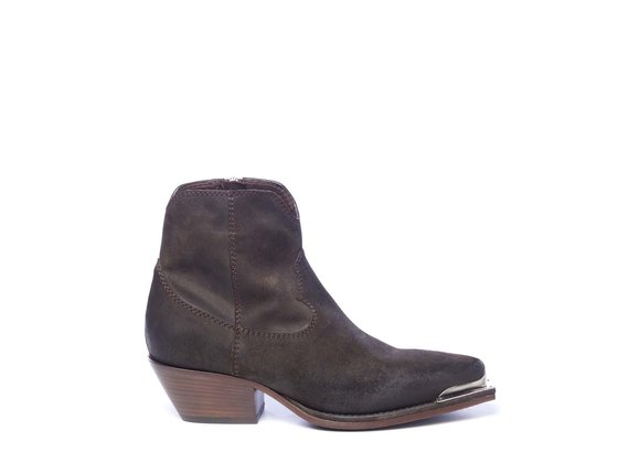 Dark brown cowboy ankle boots in split leather with toe piece - Brown
