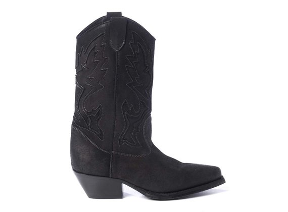 Black split leather cowboy boots with embroidery - Black