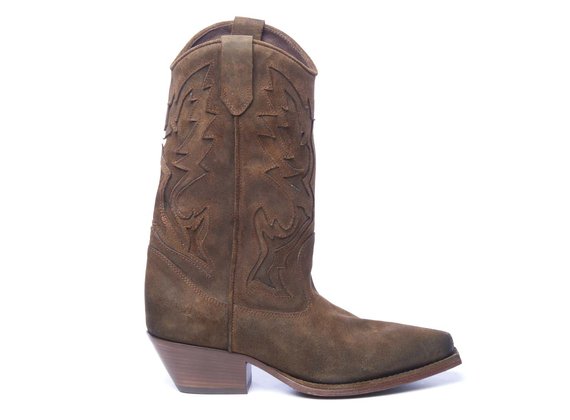 Tobacco-brown split leather cowboy boots with embroidery - Brown