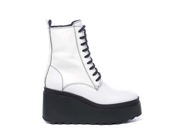 White calfskin combat boots with wedge