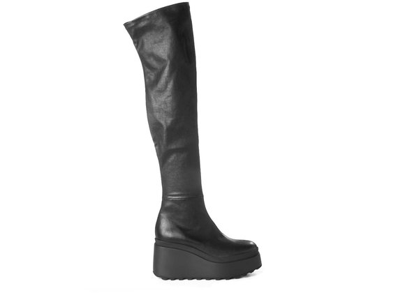 Over-the-knee boots in soft stretch leather with wedge - Black