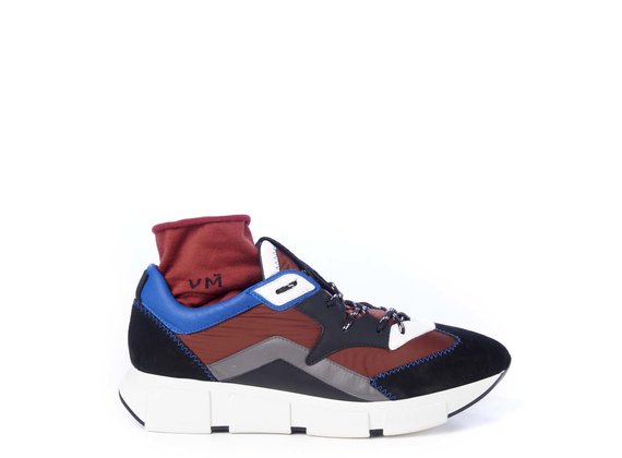Men’s running shoes in black split leather/brick-red fabric - Multicolor