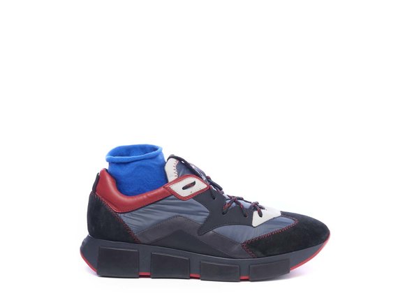 Men's running trainers in black split leather/grey fabric - Multicolor