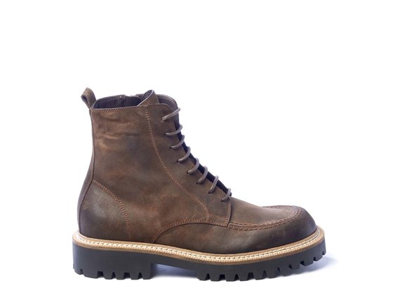 Men’s brown split leather combat boots with adler stitching - Brown