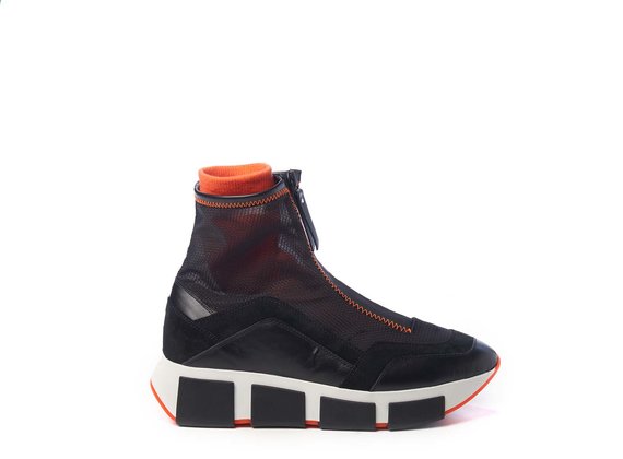 Black high-top running shoes in calfskin/split leather and see-through black ripstop - Black
