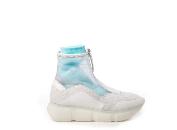 White high-top running shoes in calfskin/split leather and see-through ripstop - White