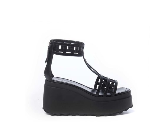 Black cage-effect T-bar sandals with wedge - Black