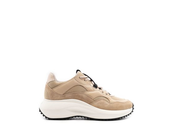 Powder-pink M2M sneakers in split leather, leather and technical mesh - Sable / Blanc