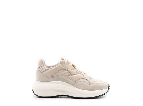 Grey M2M sneakers in split leather, leather and technical mesh - Beige / Ice