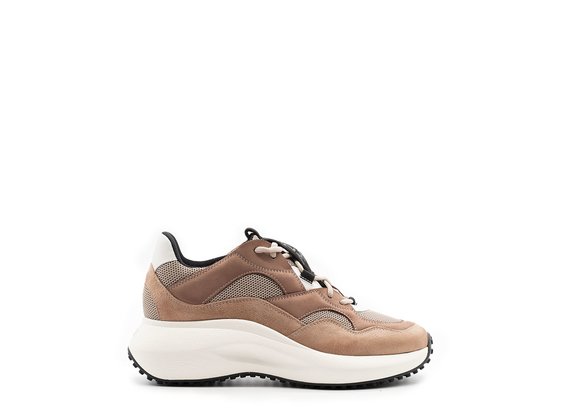 Brown M2M sneakers in split leather, leather and technical mesh