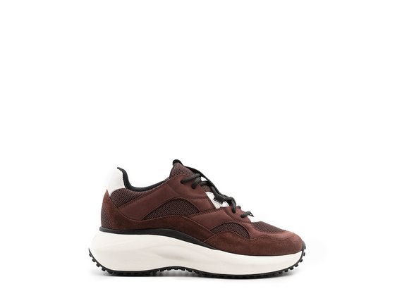 Dark brown M2M sneakers in split leather, leather and technical mesh - Bordeaux / Blanc