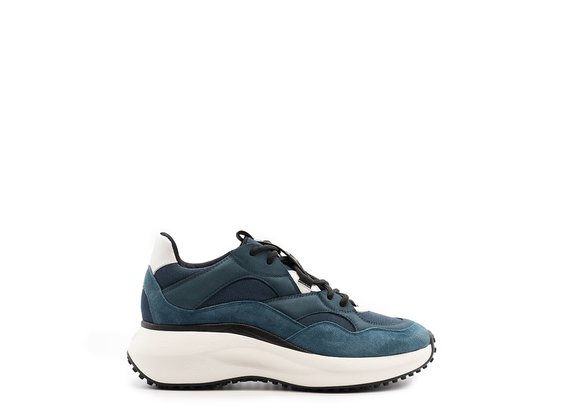 Teal M2M sneakers in split leather, leather and technical mesh - Petrol Blue / White