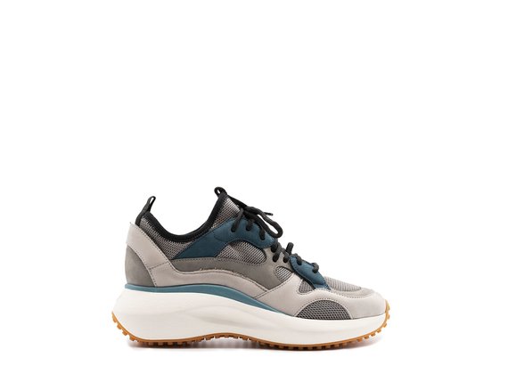 Grey/teal M2M sneakers in nubuck leather and technical mesh